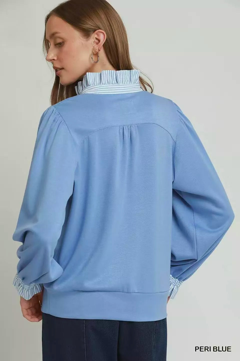 Umgee Striped Ruffle Neck Top in Peri Blue