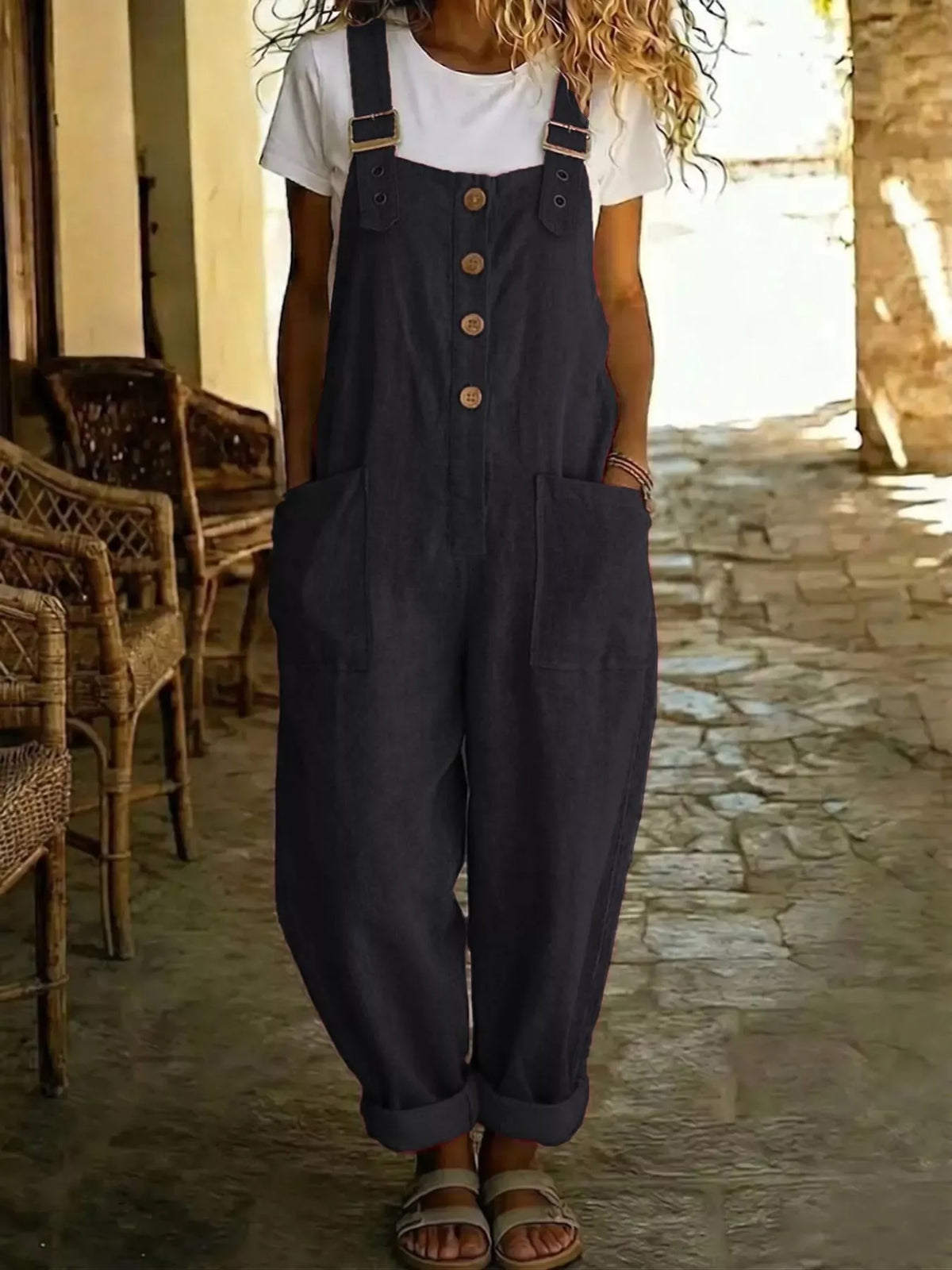 Button Front Wide Leg Overalls