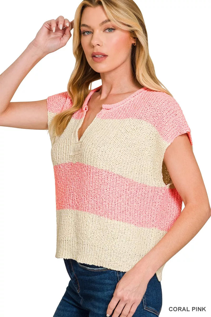 Zenana Split Neck Sleeveless Striped Sweater in Coral Pink