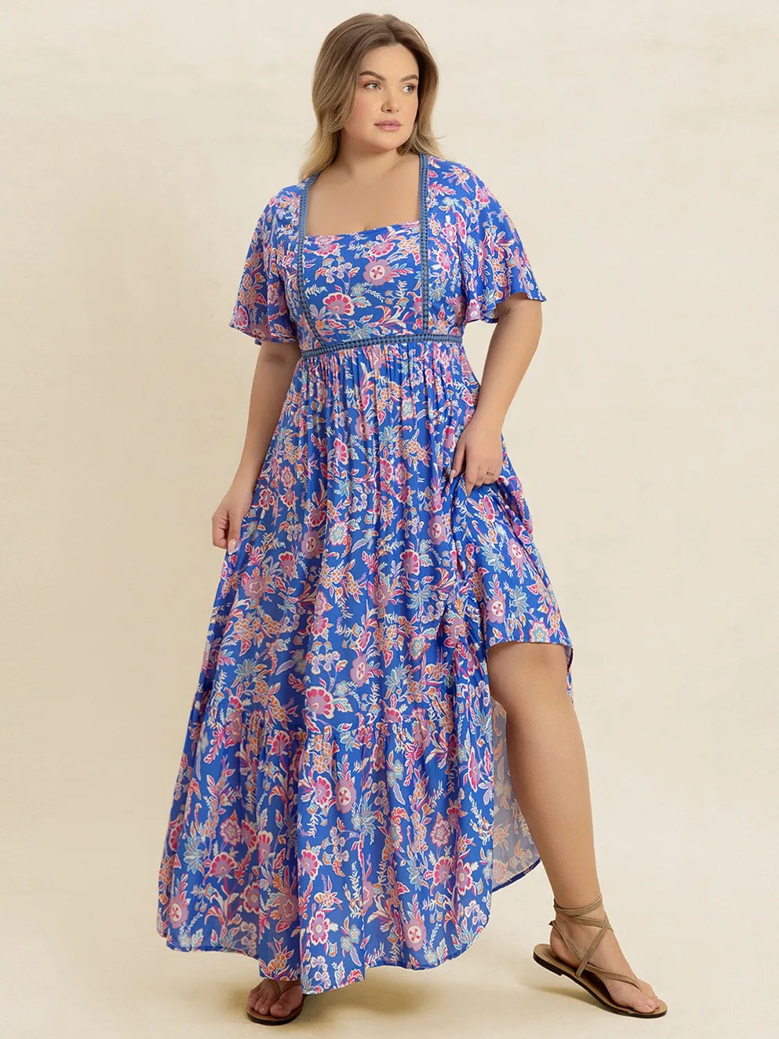 Plus-Size Ruched Short Sleeve Dress in Blue Purple