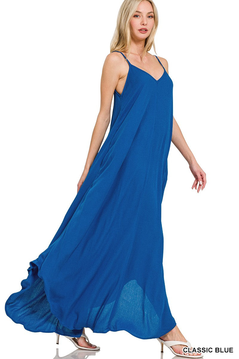 Zenana Crinkle Cami Dress in Classic Blue