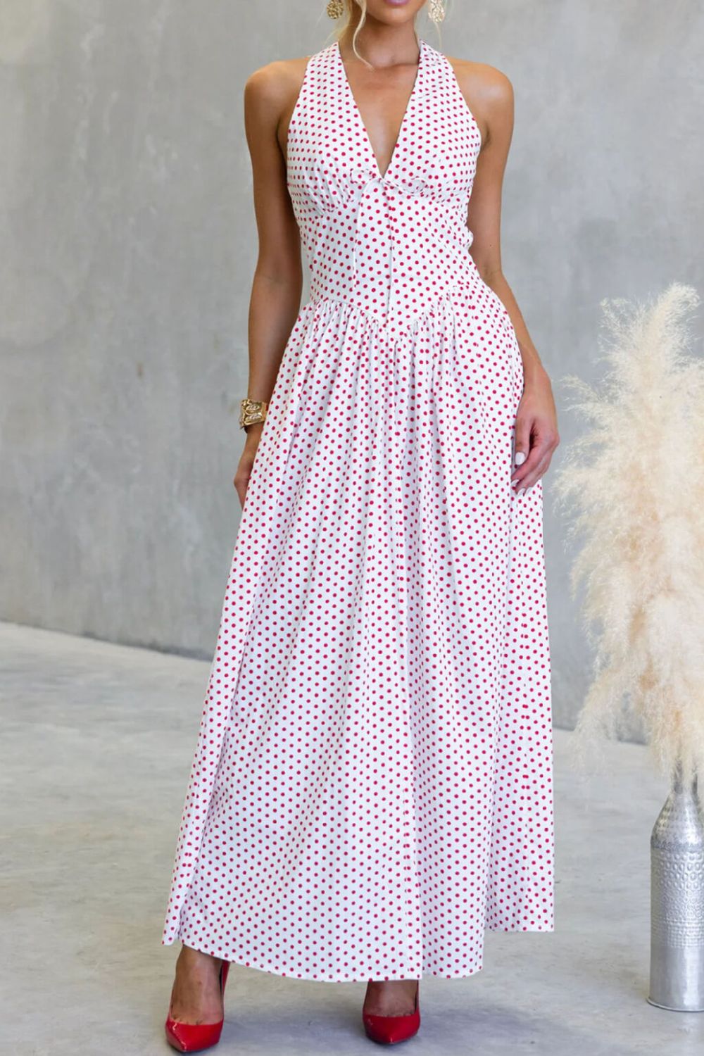 Backless Polka Dot Halter Maxi Dress