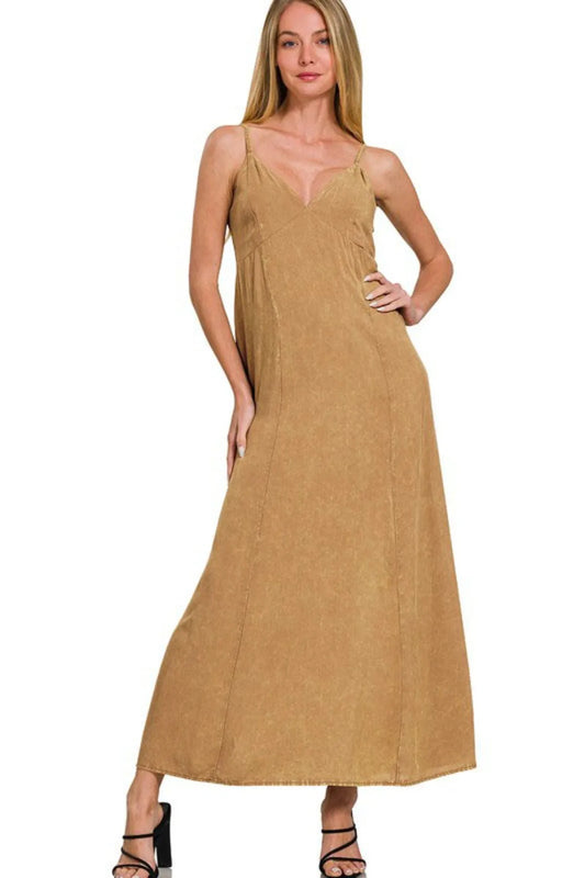 Zenana Mineral Washed Cami Dress in Deep Camel