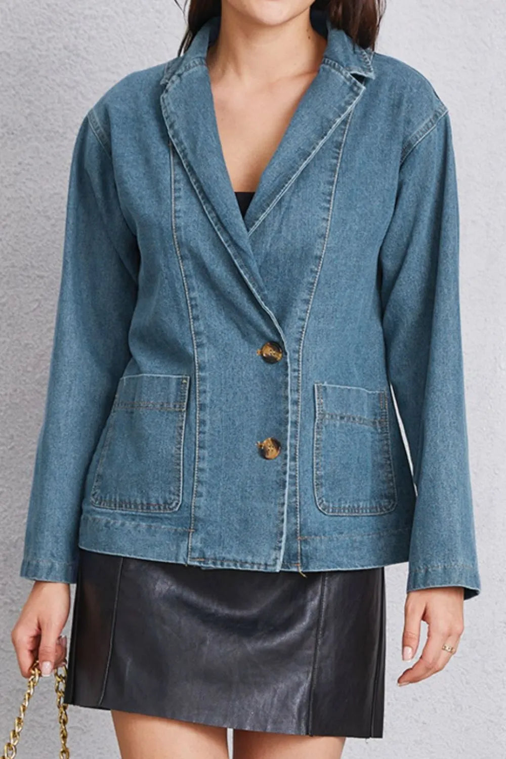 Long Sleeve Pocketed Denim Jacket in Medium Wash by Y.Y@Denim