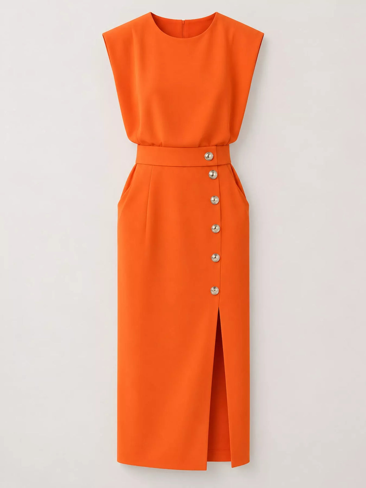 Sleeveless Midi Dress with Gold Button Detail