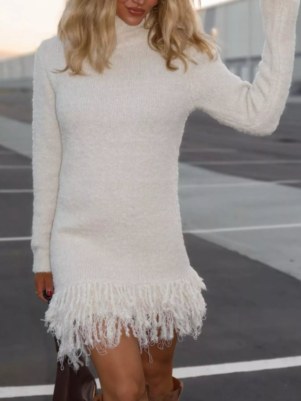 Fringe Turtleneck Sweater Dress