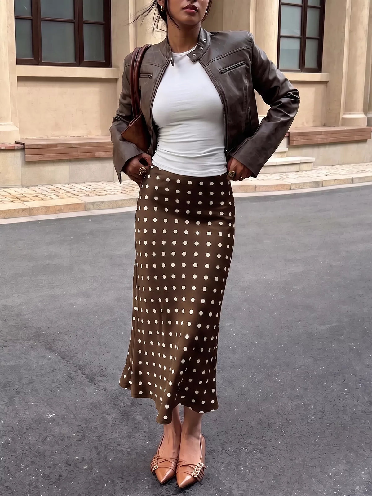 Polka Dot Midi Skirt in Brown