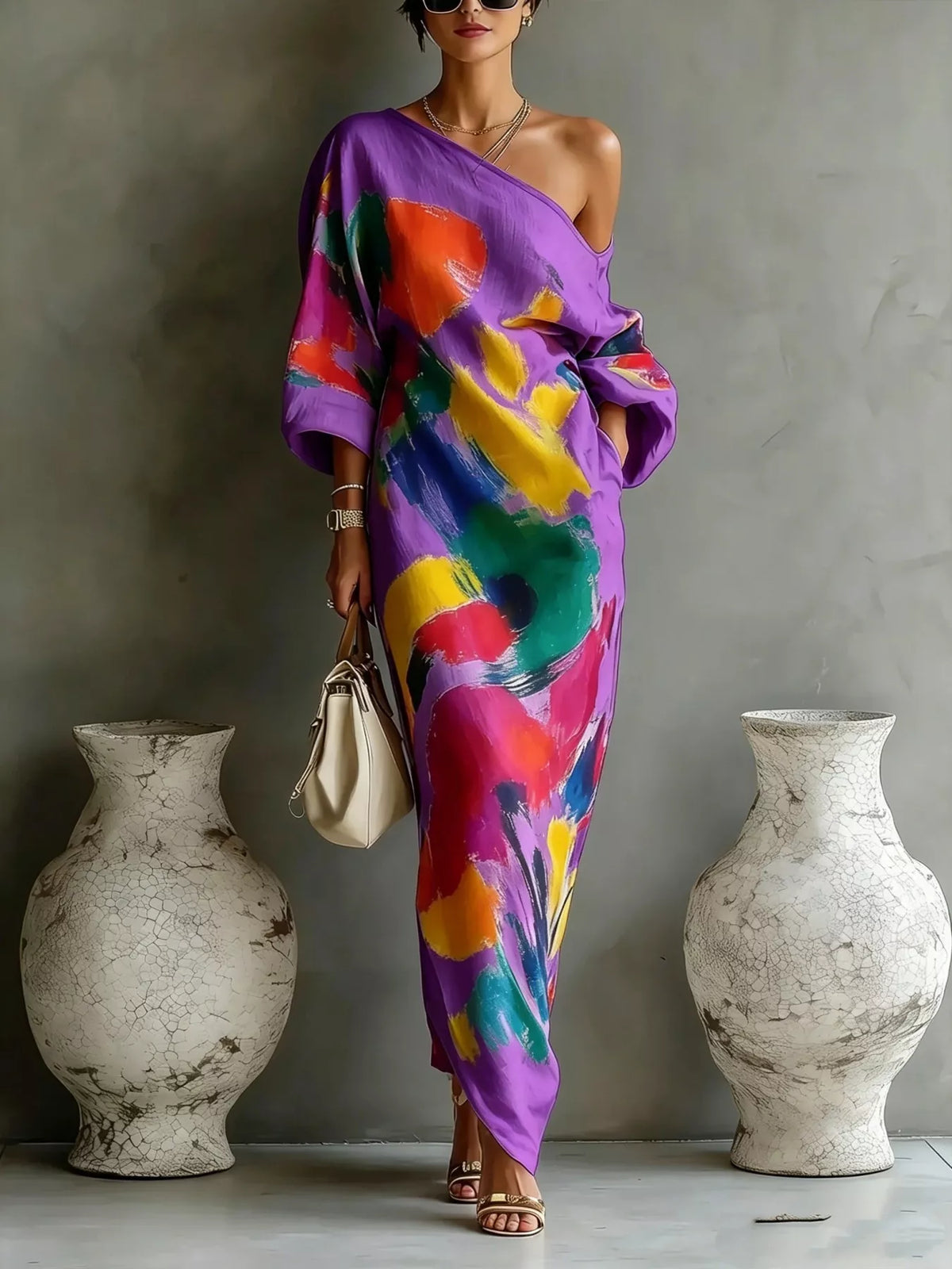 One-Shoulder Abstract Print Maxi Dress by Kaelinne