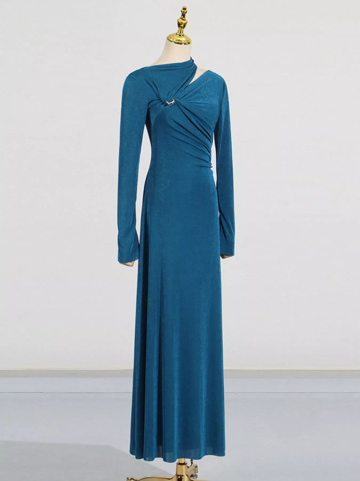 Cutout Ruched Long Sleeve Maxi Dress in Blue