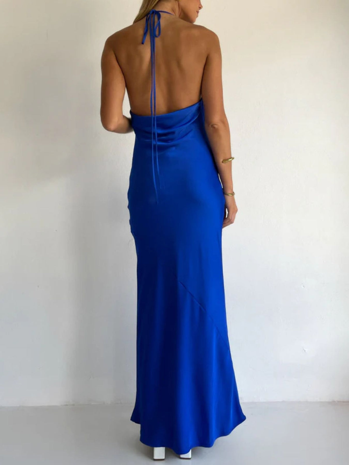 Halter Neck Ruched Satin Maxi Dress