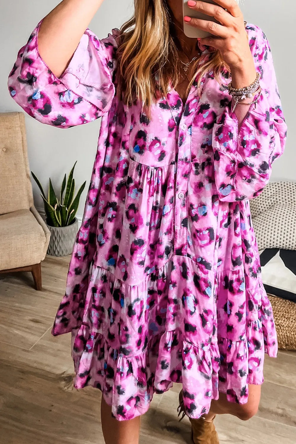 Leopard Print Buttoned Tiered Ruffle Dress