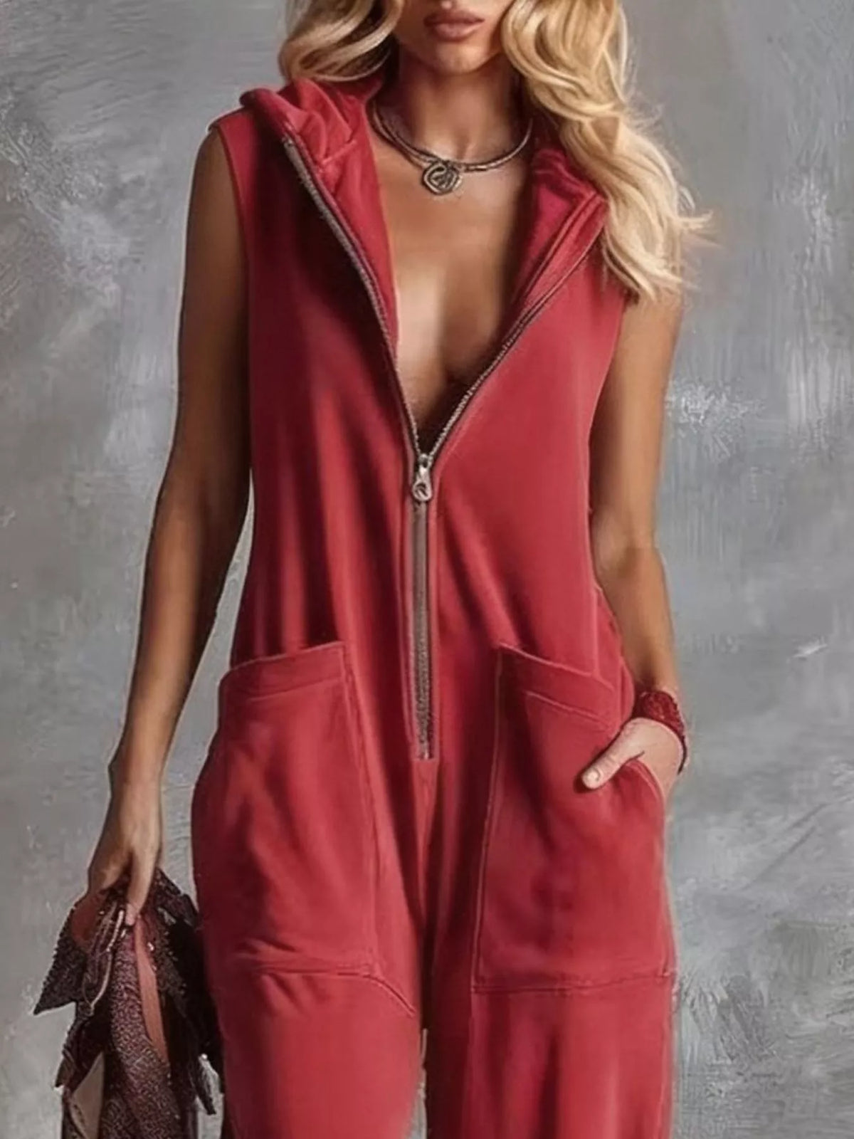 Sleeveless Hooded Zip-Front Jumpsuit