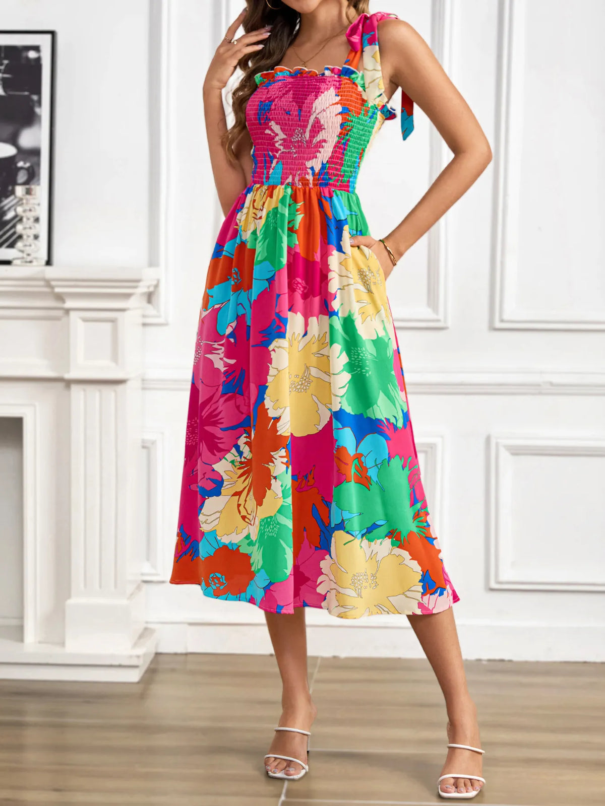 Smocked Tie-Shoulder Midi Dress in Hot Pink