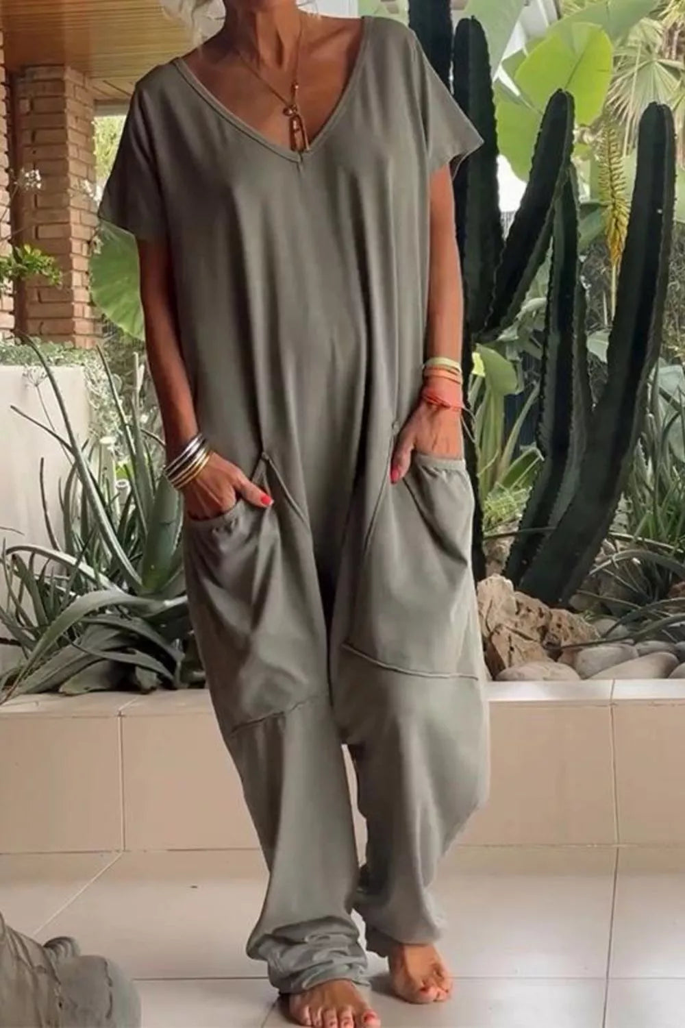 V-Neck Short Sleeve Jumpsuit with Pockets