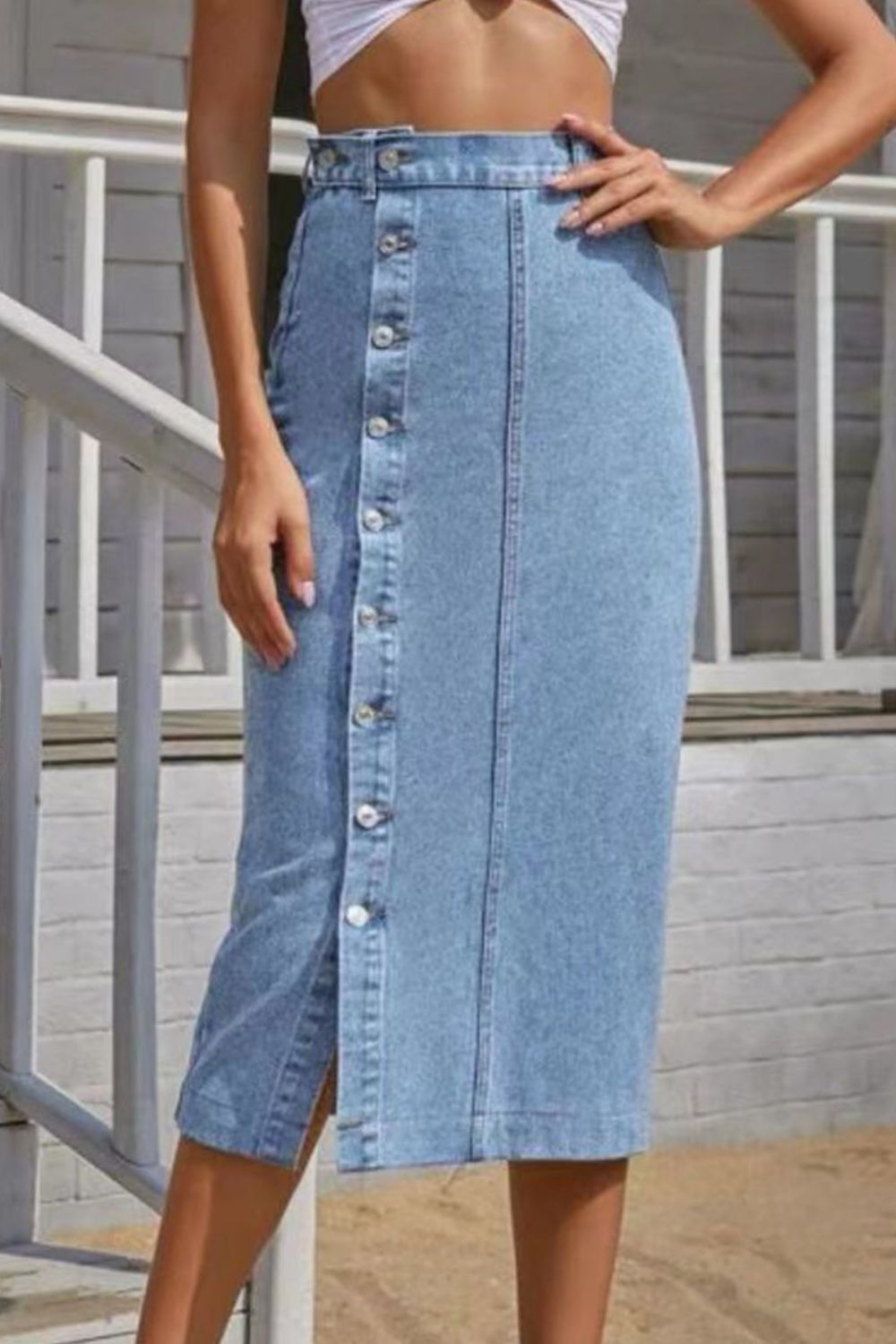 Buttoned Slit Denim Skirt in Light Wash by DE.C.H & K.M