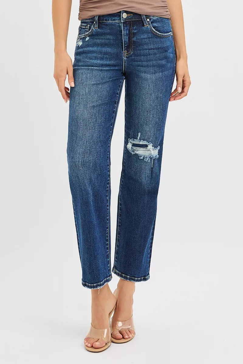 Risen High Rise Slim Straight Crop Jeans in Dark Wash