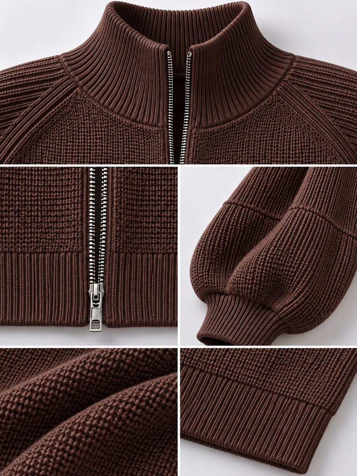 Ribbed Knit Zip-Up Cardigan with Lantern Sleeves