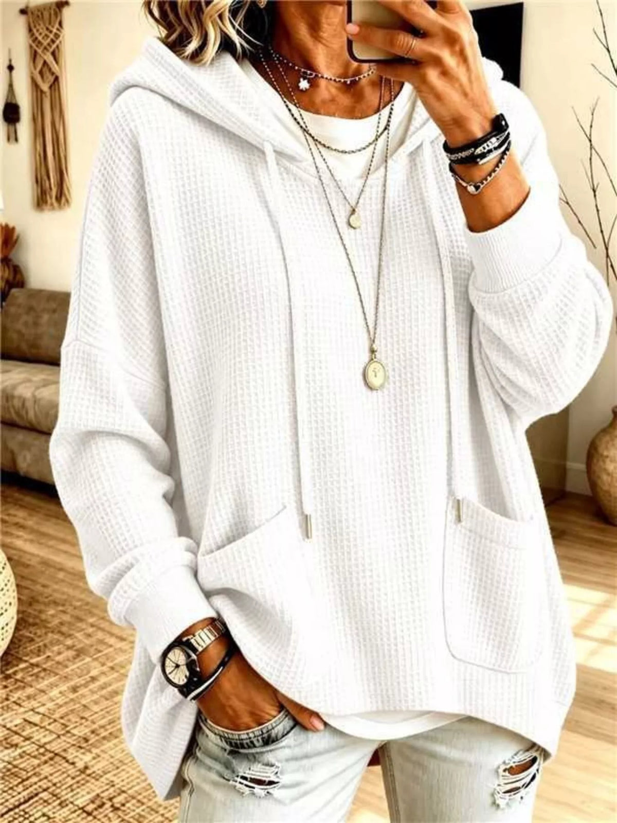 Waffle Knit Hoodie with Pockets