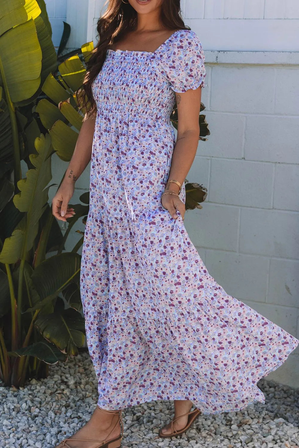 Smocked Tiered Floral Maxi Dress in Lavender