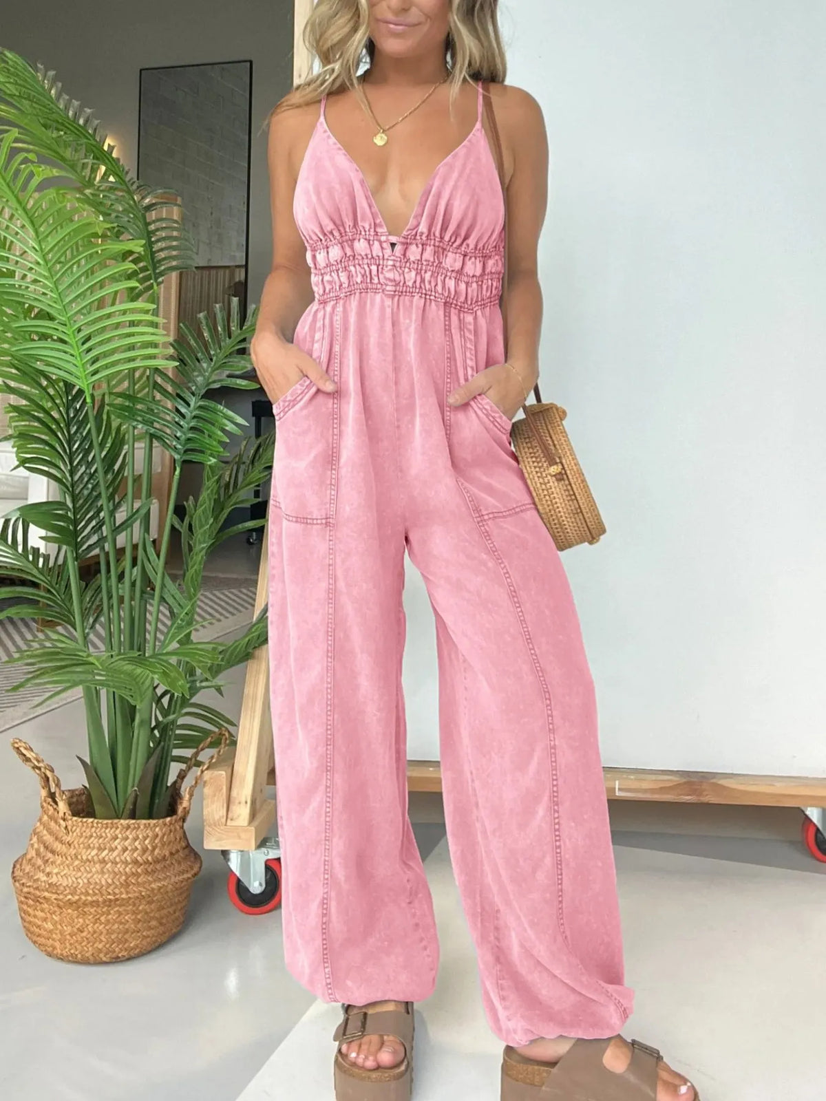 Smocked Spaghetti Strap Jumpsuit