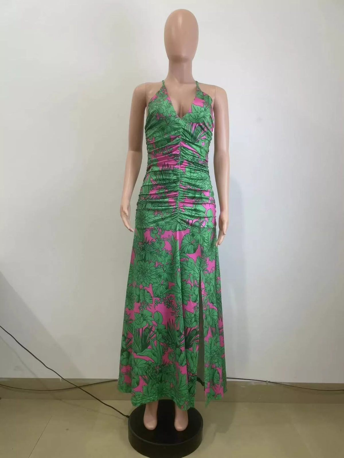 Printed Halter Neck Maxi Dress in Green