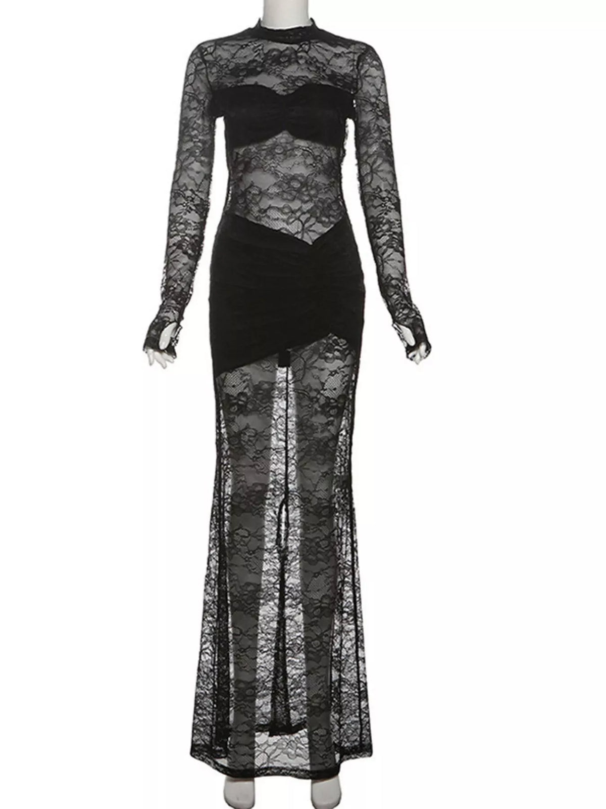 Lace Sheer Mock Neck Maxi Dress