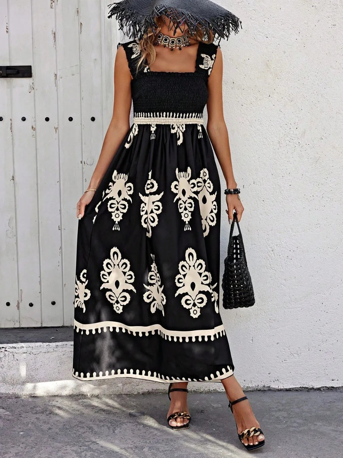 Smocked Wide Strap Maxi Dress