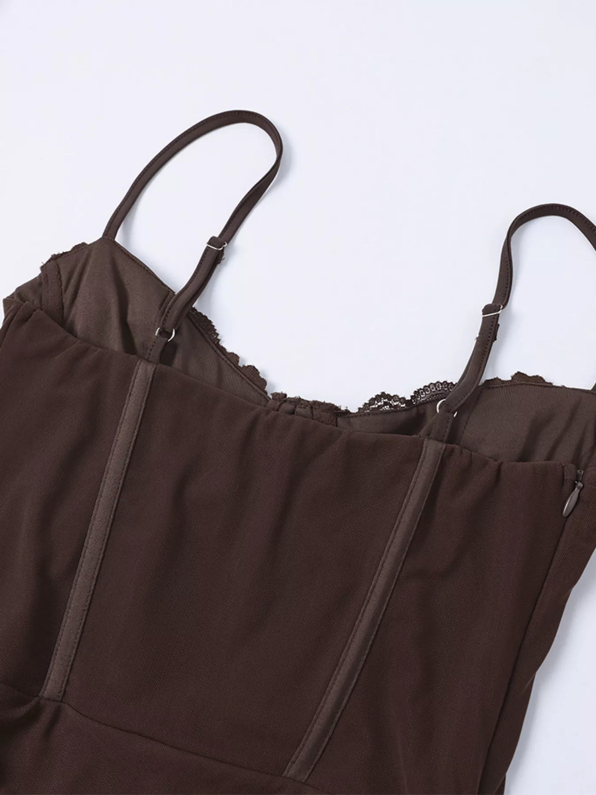 Lace Trim Sweetheart Neck Maxi Dress in Brown