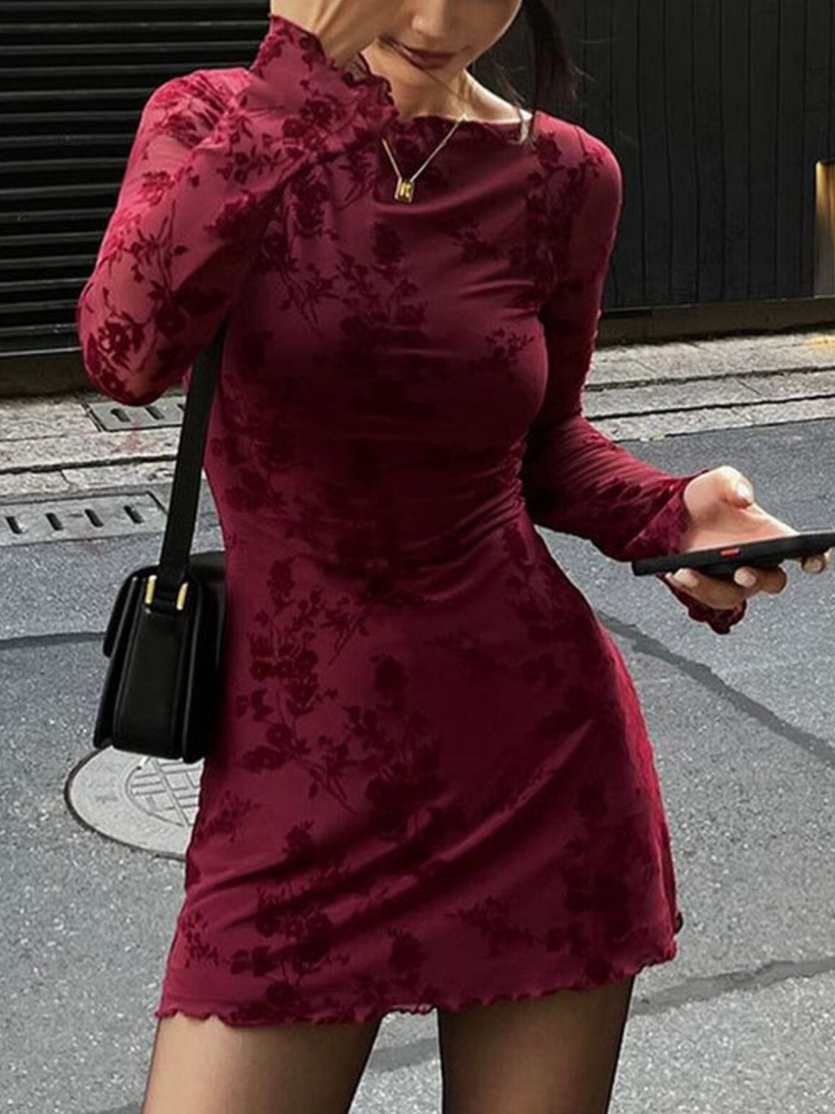 Mesh Bodycon Mini Dress in Burgundy