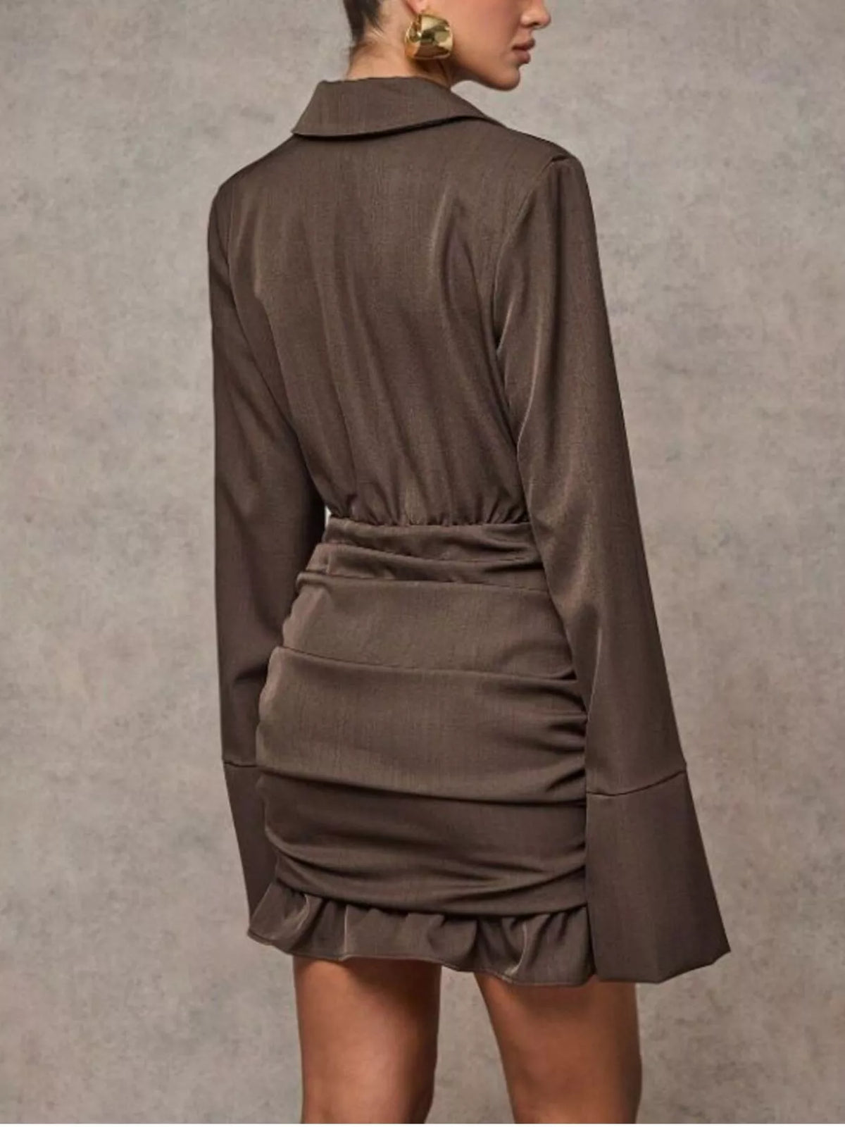 Blazer-Style Long Sleeve Ruffled Hem Mini Dress in Brown