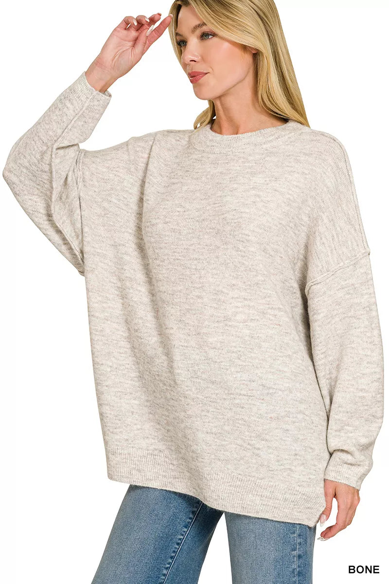 Zenana Oversized Exposed Seam Melange Sweater in Bone