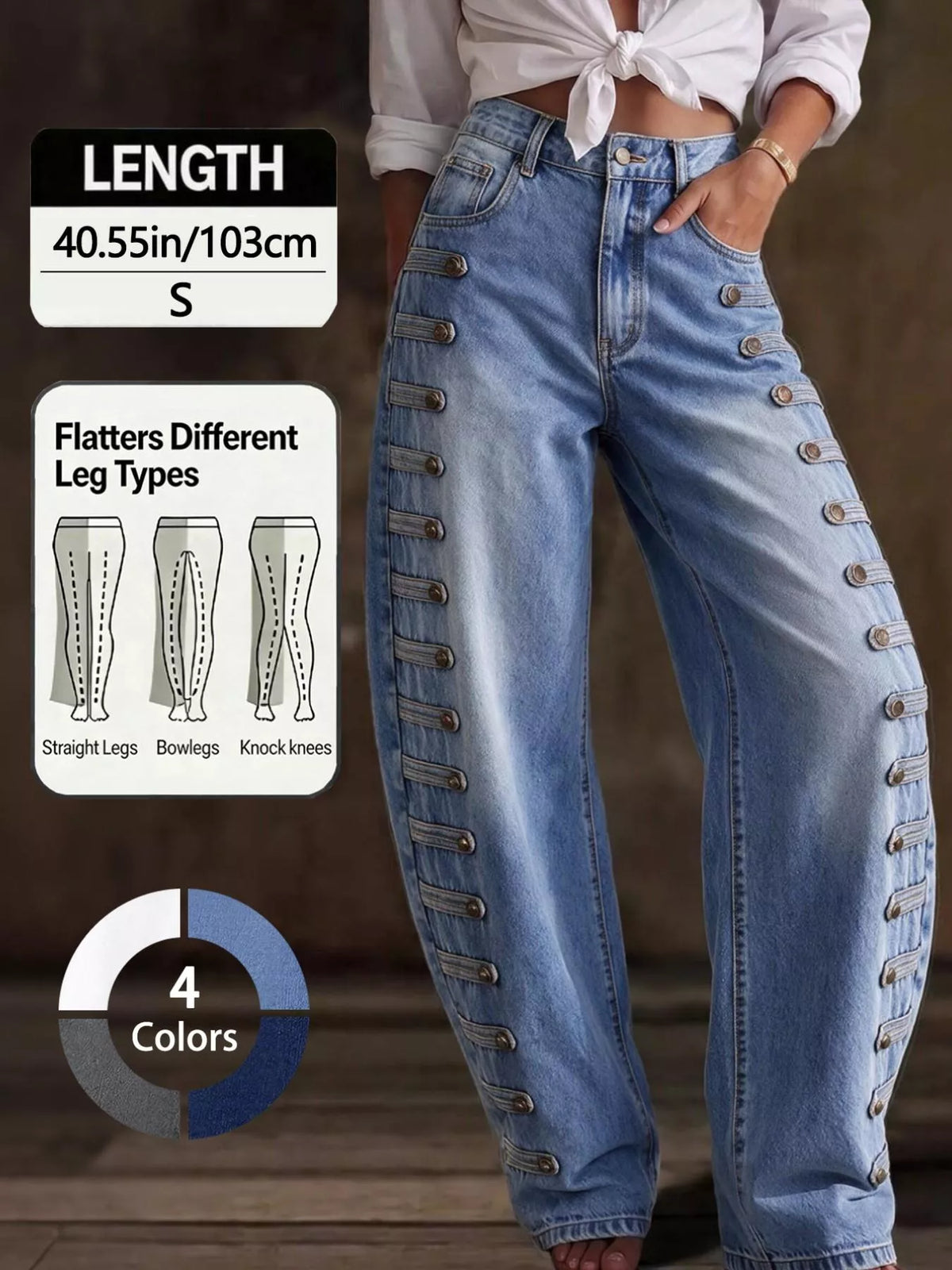 Decorative Button Wide Leg Jeans