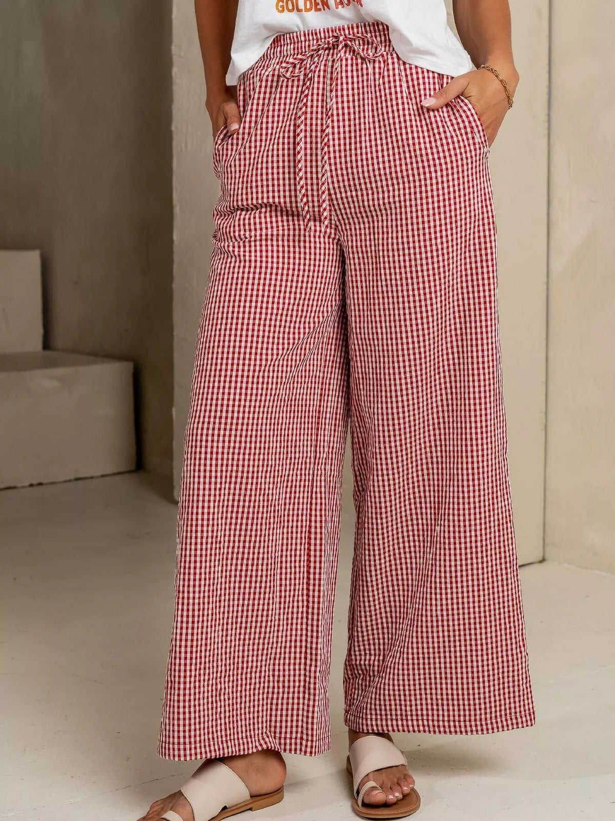 Gingham Wide-Leg Casual Pants