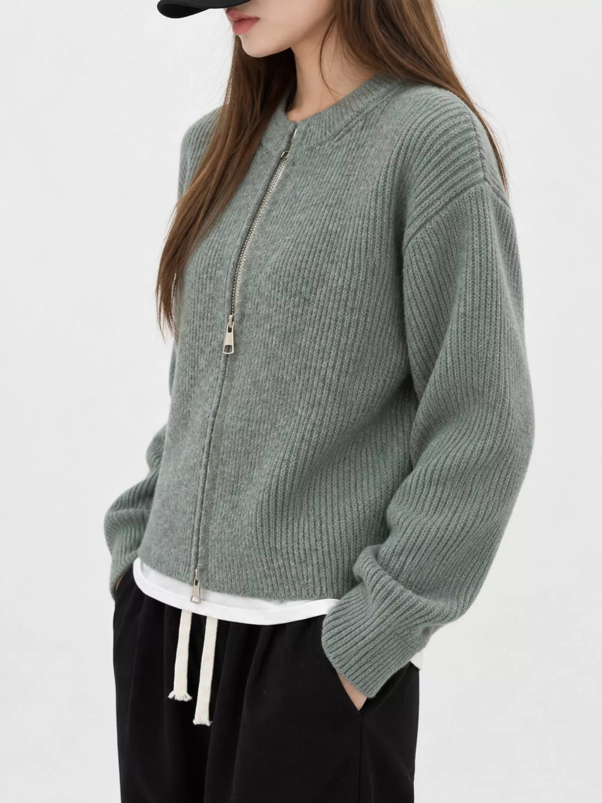 Zip-Up Dropped Shoulder Ribbed Cardigan