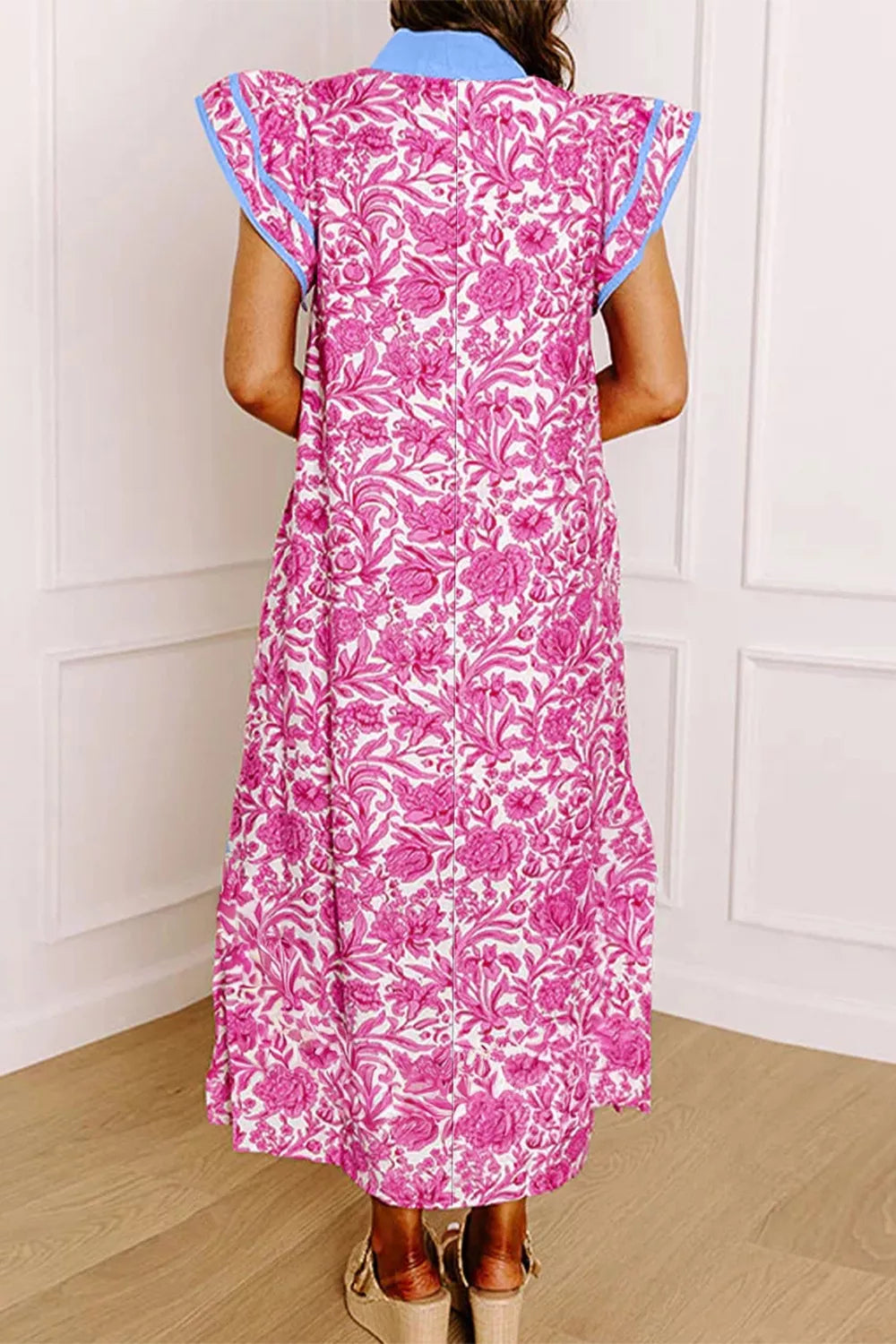 Floral Print Ruffle Cap Sleeve Dress in Pink