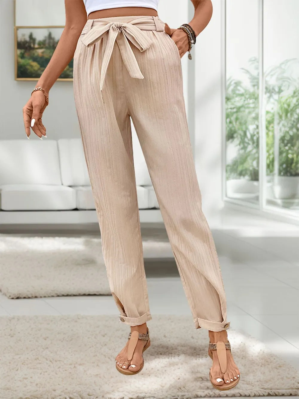 Tied High-Waist Pants in Tan