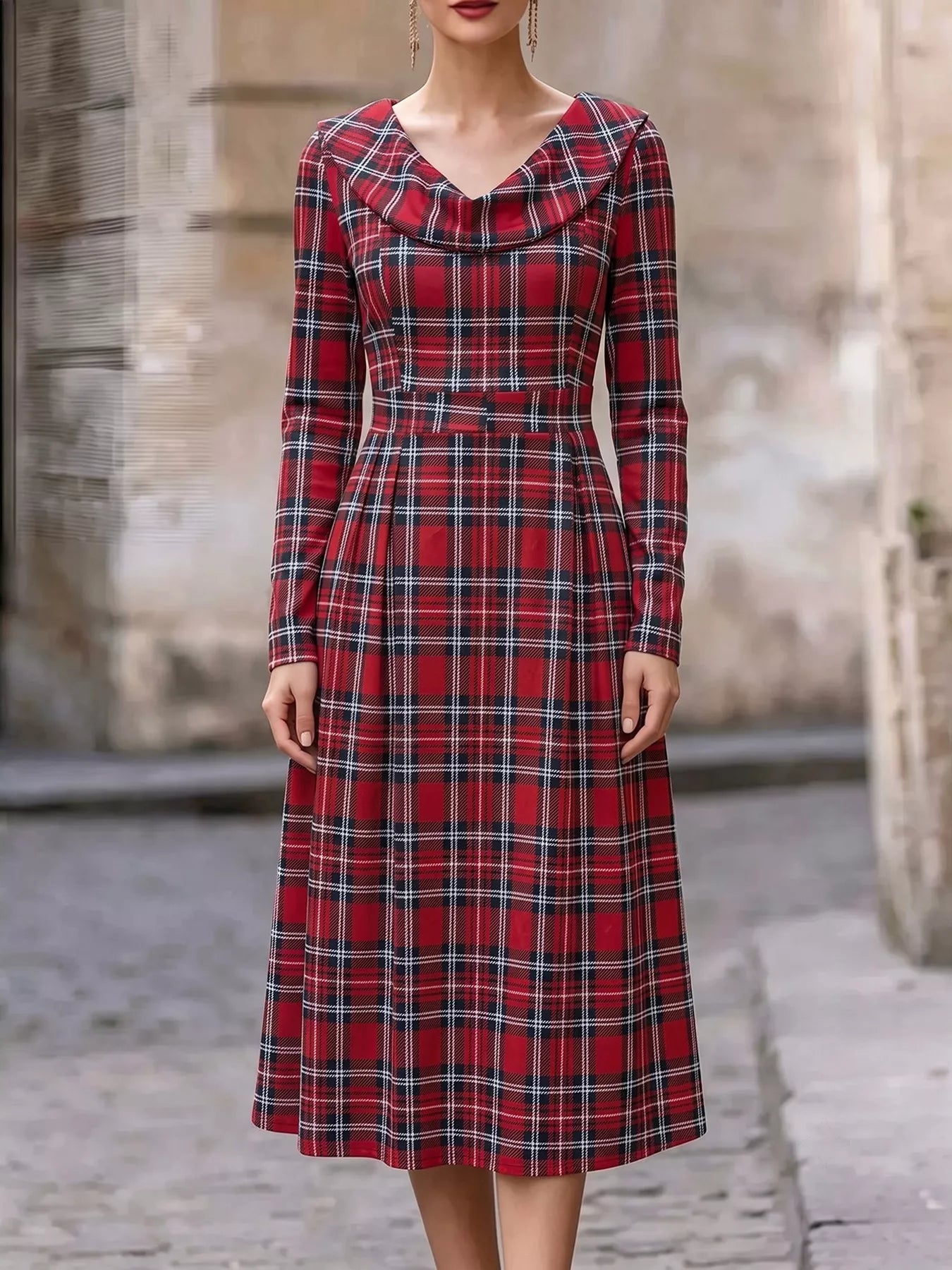 Vintage Plaid Long Sleeve Midi Dress in Burgundy