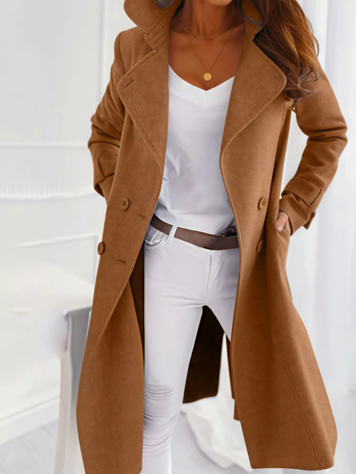 Double-Breasted Long Trench Coat