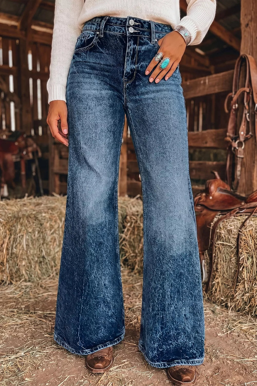 Acid Wash Flare Jeans in Navy
