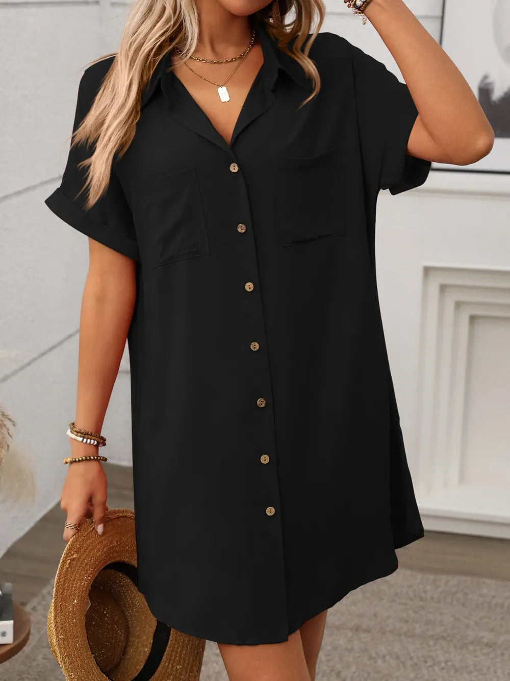 Button-Down Short Sleeve Mini Dress