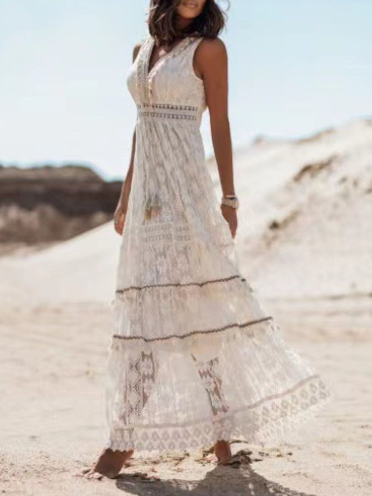 Tasseled Lace V-Neck Maxi Dress