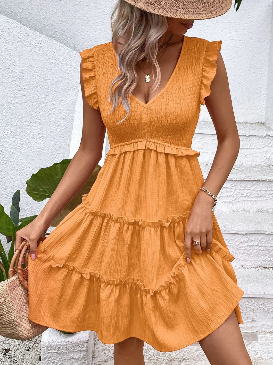 Ruffled V-Neck Cap Sleeve Dress with Smocking