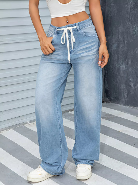 Drawstring Wide Leg Jeans in Sky Blue by Lone Star Lady