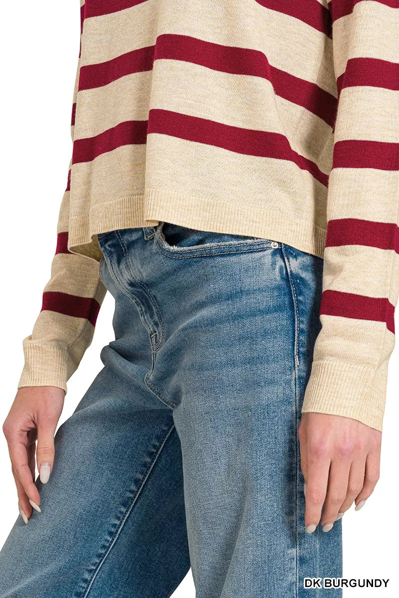Zenana Striped Round Neck Sweater in Dark Burgundy in Dk burgundy