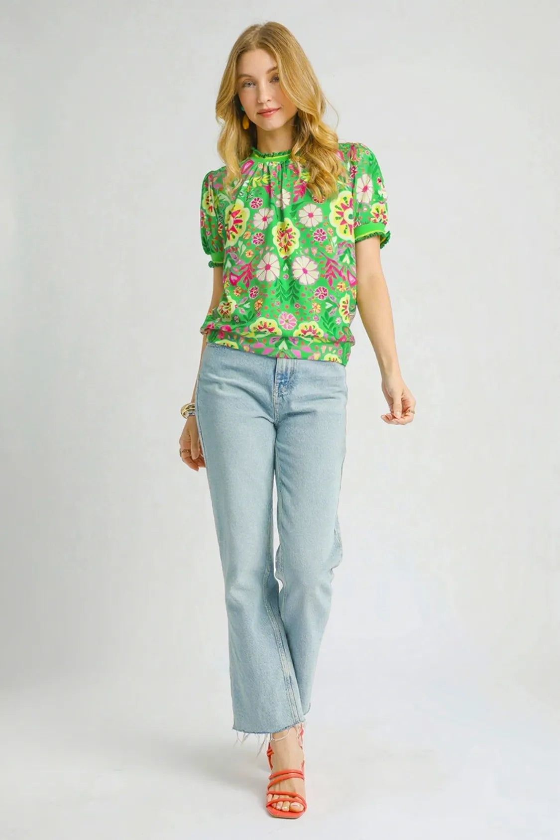 Umgee Retro Floral Puff Sleeve Top in Green Mix