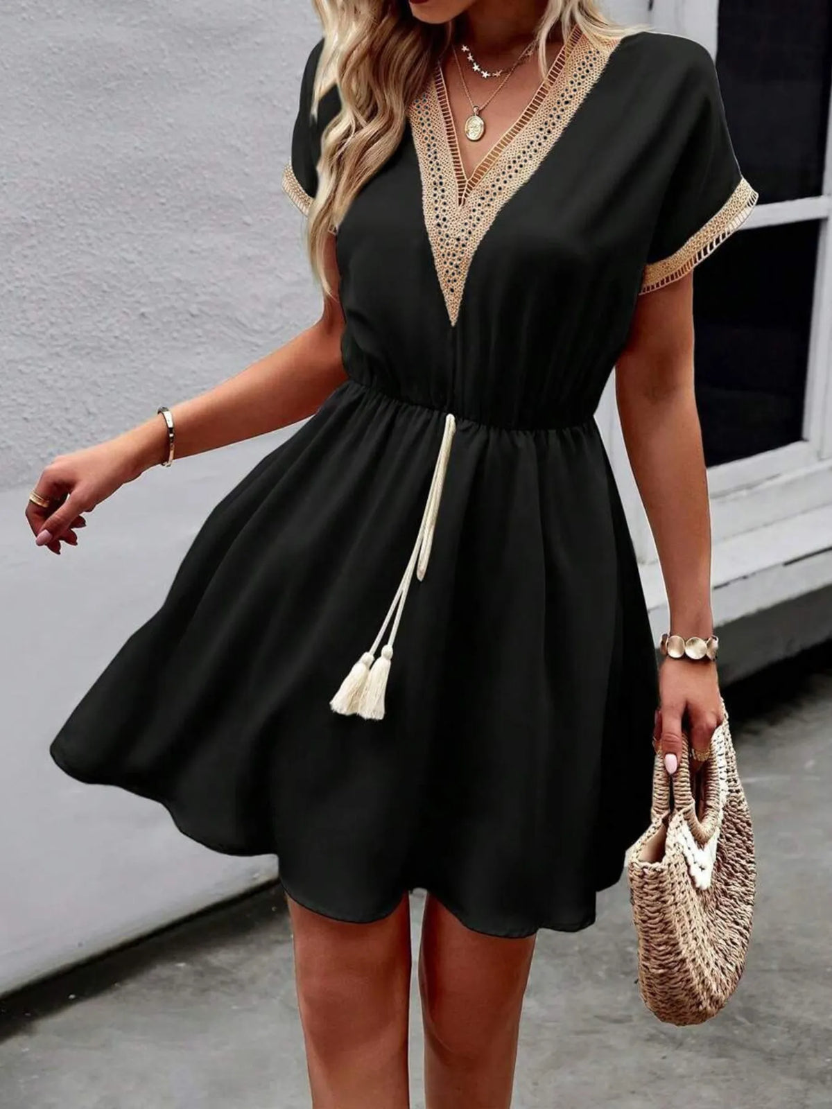 Tied V-Neck Short Sleeve Mini Dress
