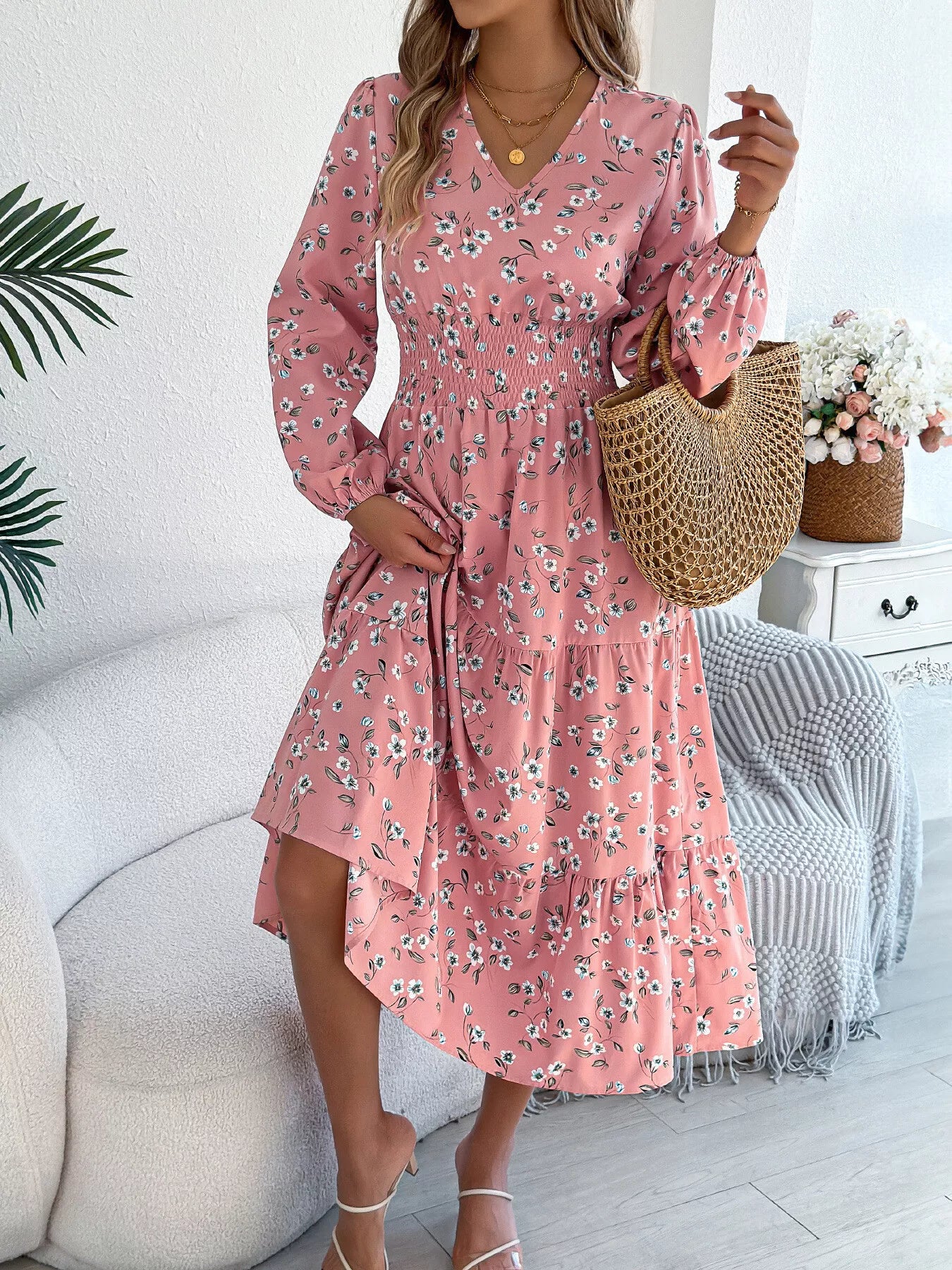 Floral Print Tiered Midi Dress