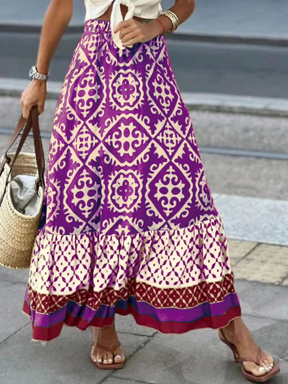 Geometric Print Elastic-Waist Maxi Skirt