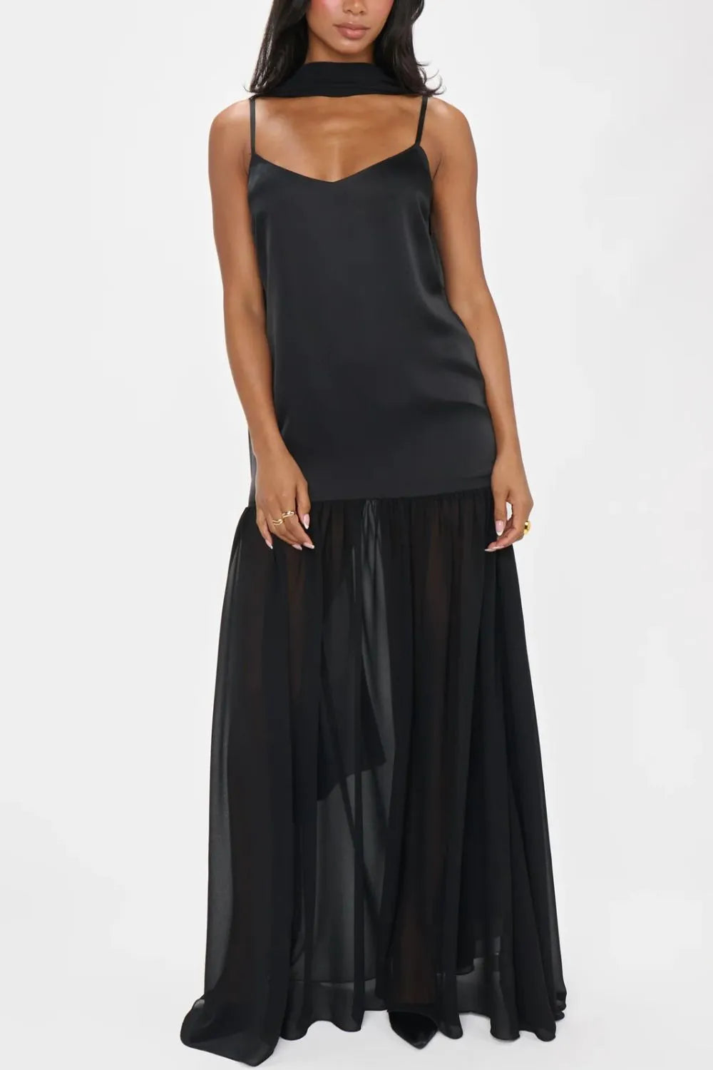 Adjustable Strap Mesh Cami Dress with Scarf
