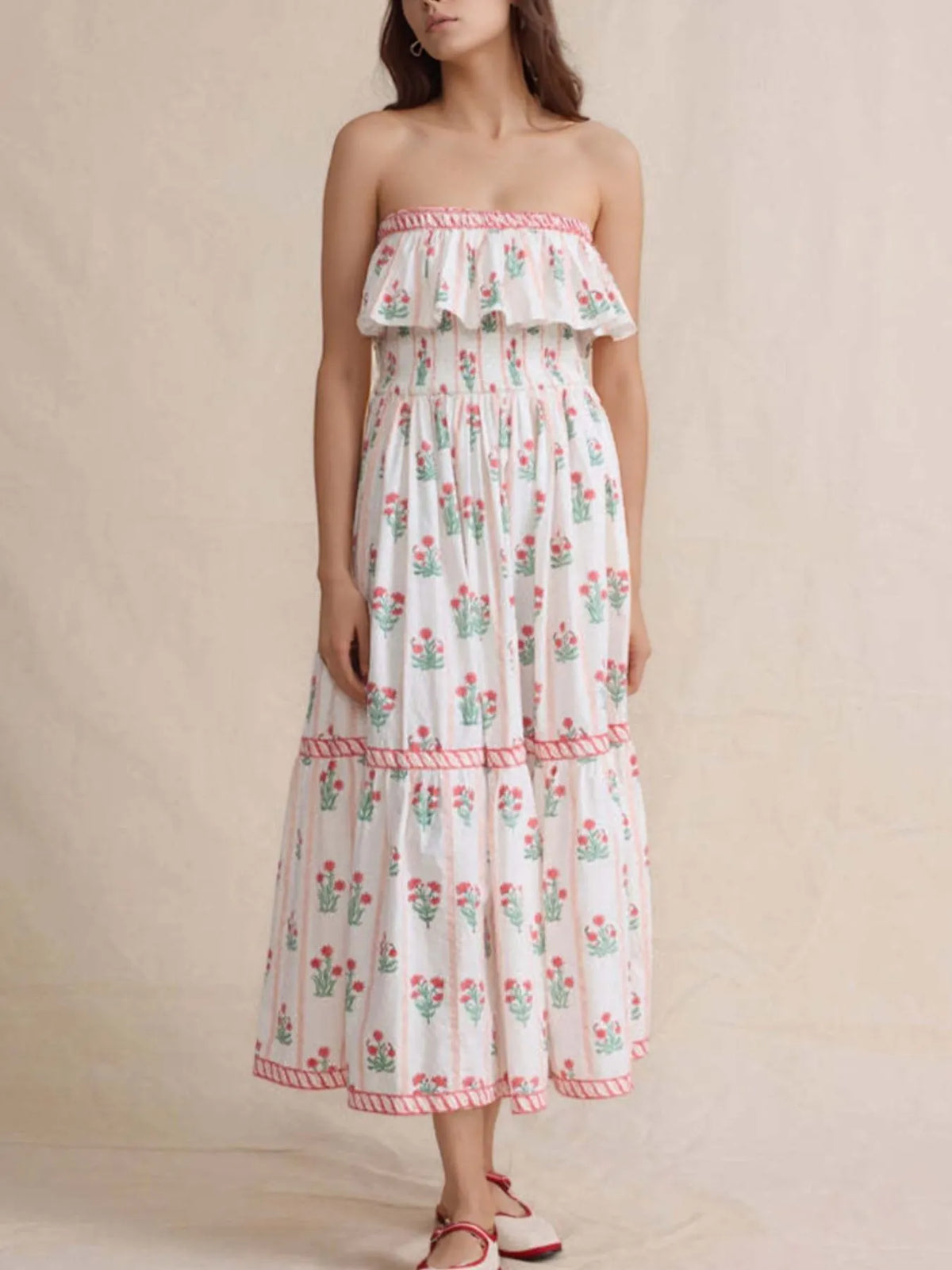 Floral Strapless Ruffle Dress in White